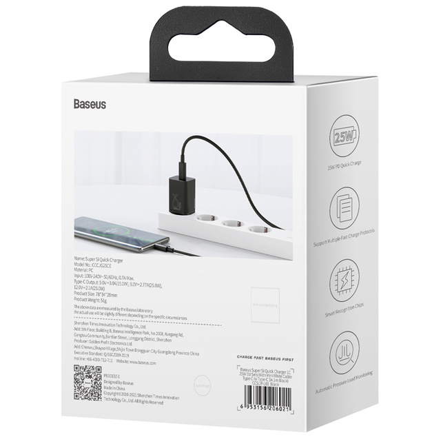 Ładowarka sieciowa zasilacz Baseus Super Si USB-C Type C PD 25W Czarna