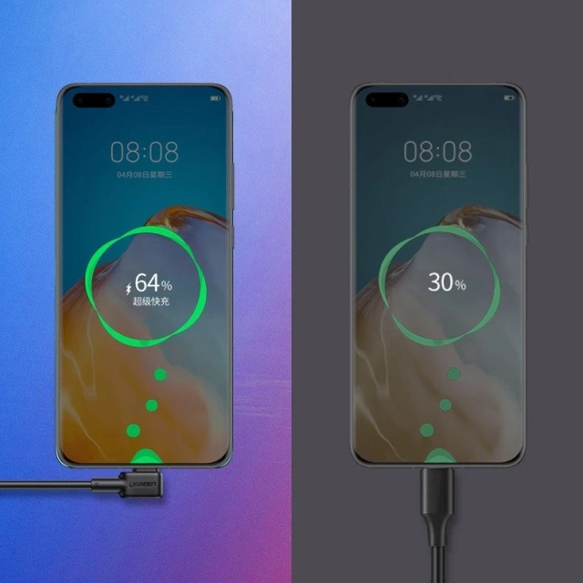 Kątowy kabel UGREEN przewód z bocznym wtykiem USB - USB Typ C 5 A Quick Charge 3.0 SCP FCP 2 m czarny (20104 US307)