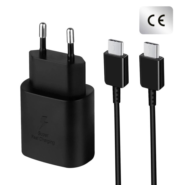 Ładowarka Sieciowa Oryginalna Samsung USB-C 25W + Kabel USB-C 1.8 m, Super Fast Charge, Szybkie Ładowanie, Zestaw Premium – Czarna