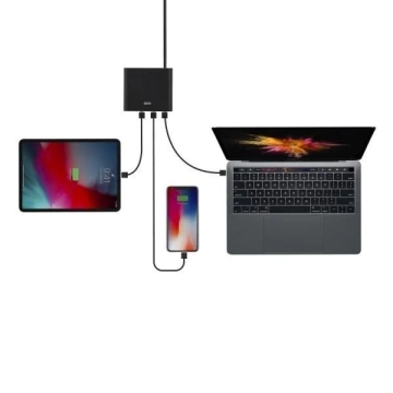 UNIQ Ład. siec. HUB Surge 90W Czarny/Charcoal Black 2xUSB Quick Charge 3.0 2xUSB-C PD 3.0 (LITHOS Collective)