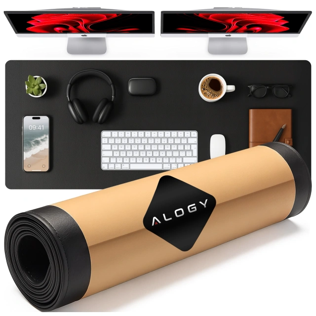 Podkładka na biurko 120×60 cm – antypoślizgowa mata ochronna z eleganckiej ekoskóry PU, pod mysz i klawiaturę, stylowa i trwała – Alogy WorkMat™ Czarna