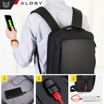 Rucksack Laptoptasche 15,6 Zoll Herren Damen Großer USB-Flugzeugkoffer Unisex 42x30x10cm Alogy Wasserdicht Schwarz