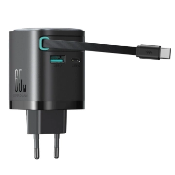 Joyroom JR-TCL02 65 W USB-A USB-C GaN-Ladegerät mit integriertem USB-C-Kabel – Schwarz