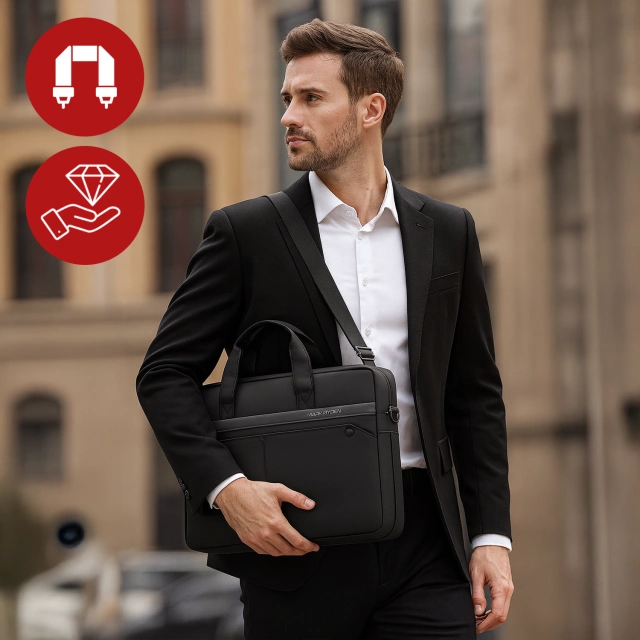 Torba na Laptopa 15.6" Mark Ryden, Wodoodporna, Elegancka i Pojemna 9L, Lekka 0.5 kg, z Kieszenią na Laptopa i Tablet 9.7", Pasek na Walizkę – Czarna