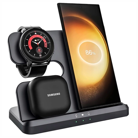 Ładowarka Bezprzewodowa Indukcyjna 3w1 Qi 3.0 Szybka do Samsung S22 S23 S24 S25 Galaxy Watch Buds Stacja czarna