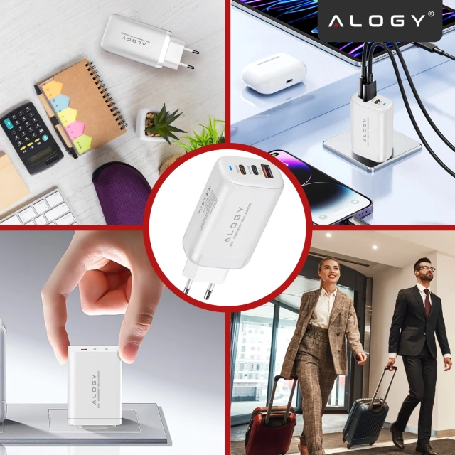 Ładowarka Sieciowa 3w1 z Technologią GaN3 65W, Szybkie Ładowanie PD i QC, Porty 2x USB-C 65W + USB-A 30W, Kompaktowa i Wydajna, Alogy GaNCharge Compact™ – Biała