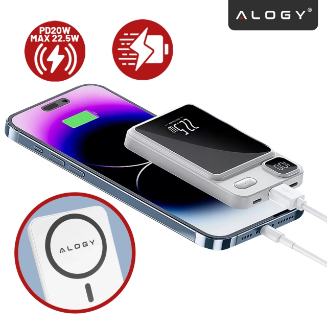 PowerBank Bezprzewodowy 10000mAh z Technologią MagSafe, Szybkie Ładowanie 22.5W PD20W, Kompaktowy i Magnetyczny, Alogy MagCharge™ – Biały