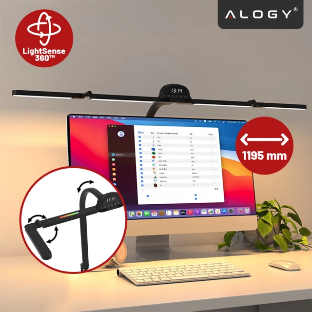 Lampa Biurkowa LED do Monitora ze Składaną Konstrukcją, Regulowaną Jasnością i Pełnym Spektrum Światła, z Mocowaniem do Blatu, Ochrona Oczu, Alogy VisionBar™ – Czarna