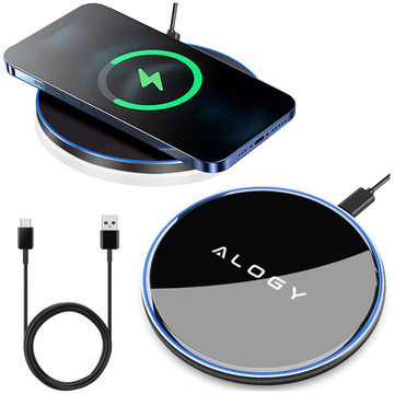 QI kabelloses induktives Ladegerät 15 W schnelle LED Alogy rund für iPhone USB-C-Kabel Schwarz