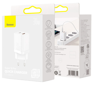 Baseus Super Si Pro Schnellladegerät USB USB-C QC 3.0 PD 30W Weißes Wandladegerät