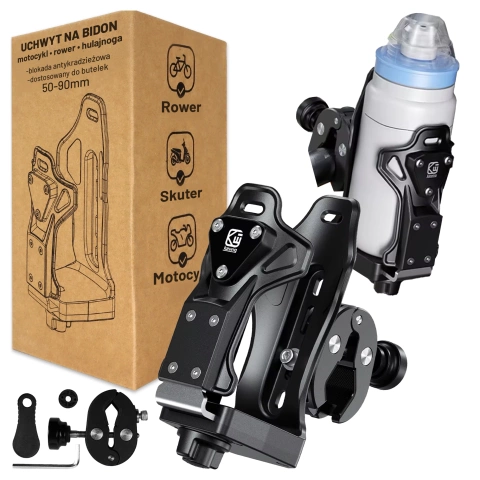 Uchwyt Motocyklowy / Rowerowy na Bidon, Butelkę lub Kubek z Blokadą Antykradzieżową, Regulowany 50–90 mm, Na Hulajnogę, Kierownicę i Ramę - Kewig