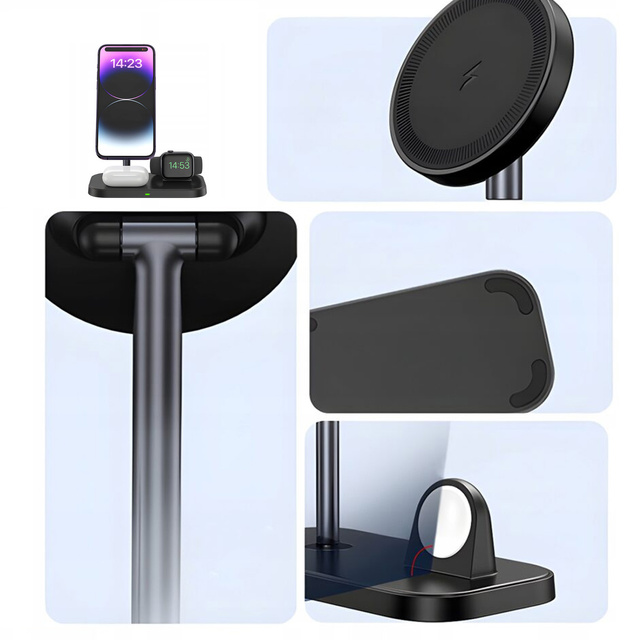 Ładowarka indukcyjna Qi Mag Safe 15W do iPhone Apple Watch AirPods 3w1 bezprzewodowa stojak podstawka stacja Czarna