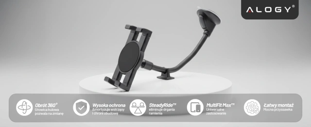 Uchwyt samochodowy na tablet telefon 4–13" – długie regulowane ramię, montaż na kokpit i szybę, stabilny i uniwersalny – Alogy SteadyRide™ Czarny