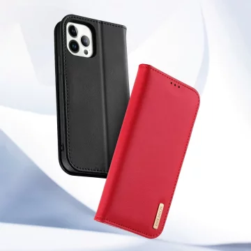 Dux Ducis Hivo Leather Flip Cover Echtes Leder Wallet für Karten und Dokumente iPhone 14 Pro Rot