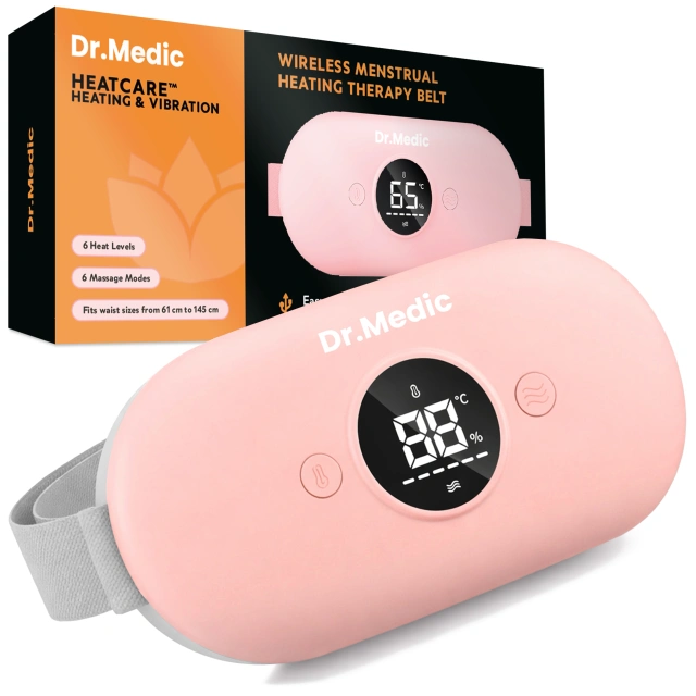 Pas Grzejący z Masażerem na okres i plecy - przeciwbólowy, ciepło + wibracje, 6 poziomów intensywności, akumulator 1800 mAh - Dr.Medic ThermoPulse™ Różowy