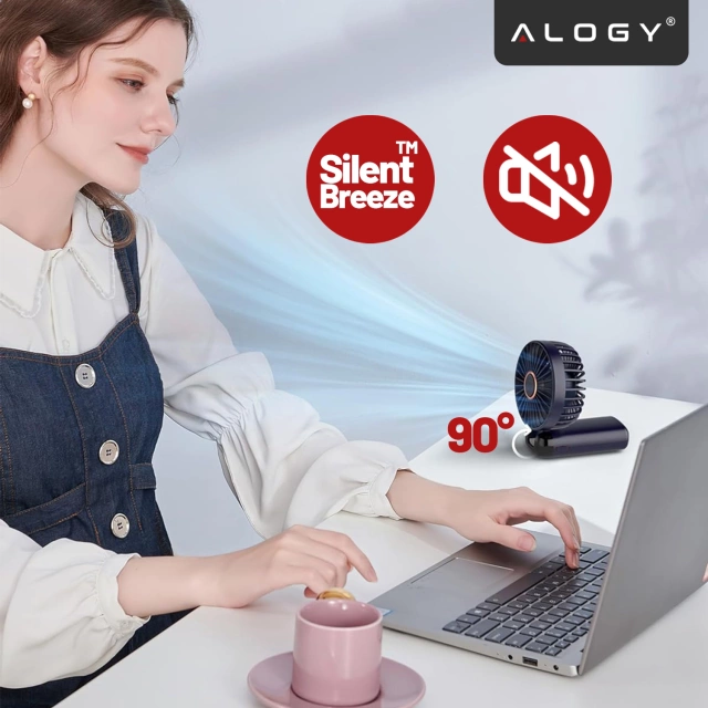 Wentylator Wiatrak Ręczny Bezprzewodowy, Przenośny i Biurkowy, z Uchwytem na Telefon, Ładowanie USB-C, Bateria 18650, Alogy CoolBreeze™ – Granatowy