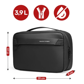 Torba Podróżna Kosmetyczka Mark Ryden Męska i Damska, Pojemna 3.9 l, 4 Przegrody z Haczykiem, Zamek Błyskawiczny YKK, Materiał PU + Oxford – Czarna