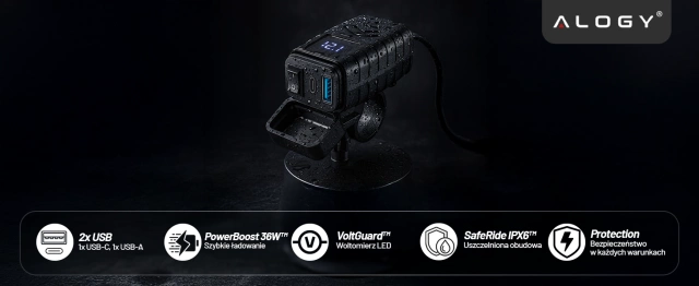 Ładowarka Motocyklowa z Wyświetlaczem, Szybkie Ładowanie 36W PD + QC 3.0, Porty USB-A i USB-C, Wodoodporna i Solidna, Alogy MotoCharge Pro™ – Czarna