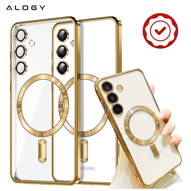 Etui do Samsung Galaxy S24 FE Alogy LuxeShield™️ Glamour Luxury Ring obudowa do MagSafe z osłoną aparatów Złote + szkło hartowane