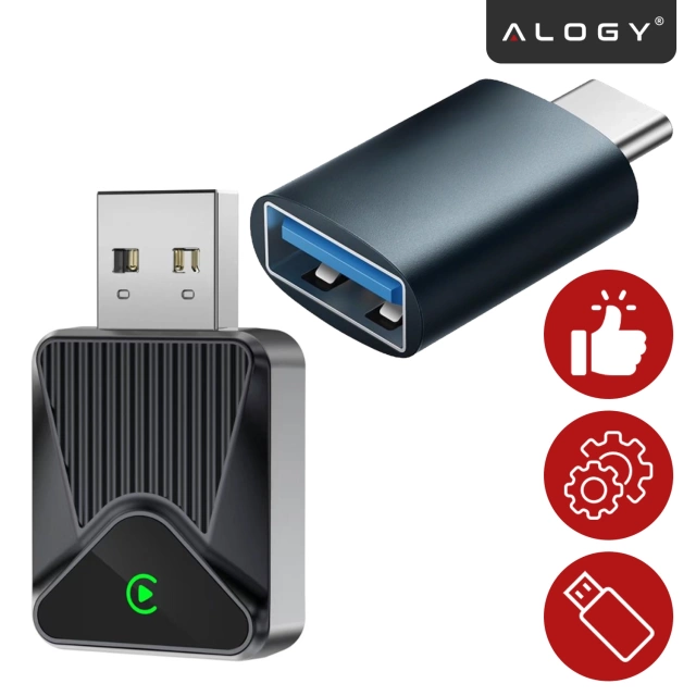 Adapter Bezprzewodowy Apple CarPlay i Android Auto do Auta, Plug & Play z Portem USB-A + Przejściówka USB-C, Szybkie Połączenie i Stabilna Transmisja, Alogy DriveLink™
