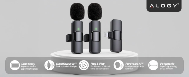 2x mikrofon krawatowy bezprzewodowy Alogy Lightning do Apple iPhone iPad małe mikrofony zestaw dwóch mikrofonów