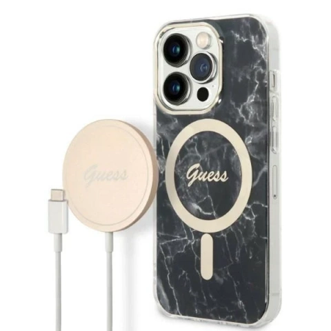 Zestaw Guess GUBPP14XHMEACSK Case+ Charger iPhone 14 Pro Max 6,7" czarny/black hard case MagSafe Marble