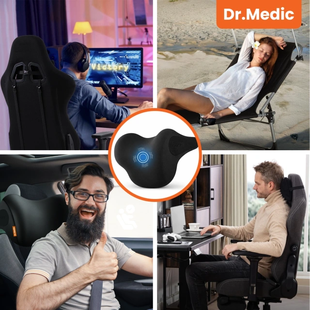 Poduszka samochodowa masująca na zagłówek – ergonomiczne wsparcie głowy, karku i szyi, elektryczny masażer z wibracjami dla kierowcy i pasażera – Dr.Medic RelaxDrive™