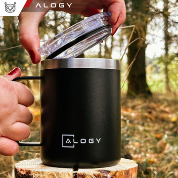 Thermobecher-Set mit 2 Tassen. Thermobecher 420 ml mit Griffdeckel für Kaffee, Tee, Stahl, Alogy Black