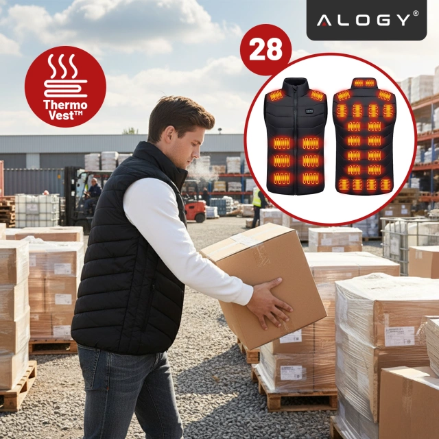 Kamizelka grzewcza z 28 strefami – 4-stopniowa regulacja temperatury, zasilanie USB, idealna na zimę i aktywności outdoor – Alogy ThermoVest™ Czarna (XL)