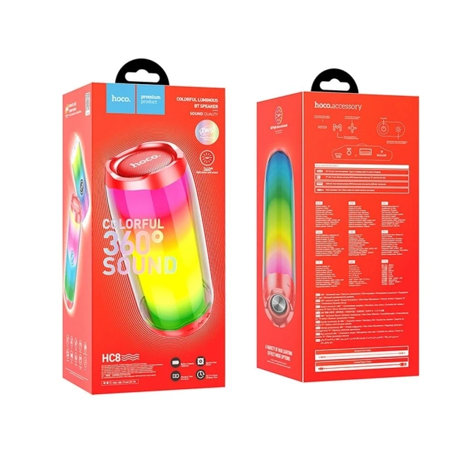 HOCO Głośnik Bluetooth HC8 Czerwony Przenośny LED RGB 1800 mAh 10W