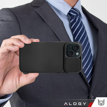 Hülle für iPhone 15 Plus Slide Case mit Objektivabdeckung, Kameragehäuse, mattschwarz Alogy Soft Matt