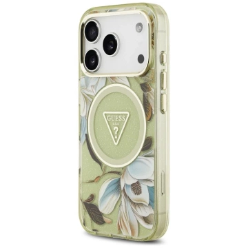 Etui Guess MagSafe do iPhone 17 Pro IML Glitter Flowers Triangle Green