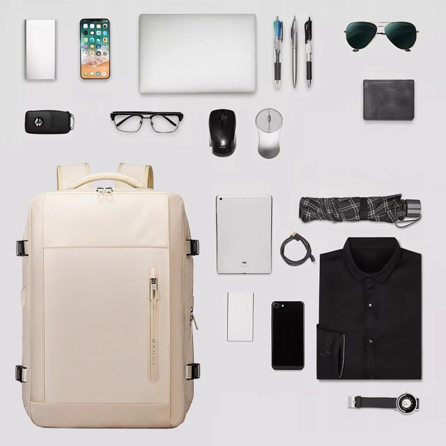 Plecak wodoodporny Bange na laptopa 15.6" miejski podróżny 46x31.5x20 cm do pracy samolotu męski damski z z gniazdem USB Beżowy