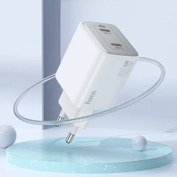 HOCO Wandladegerät 2 x Typ-C-Kabel Typ C zu Lightning PD QC 45W GaN Weiß