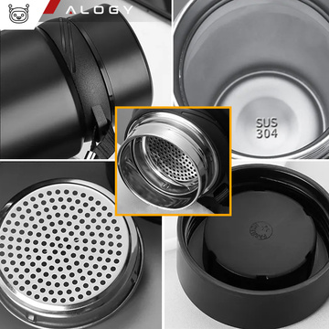 Termos butelka bidon termiczny 1l do kawy herbaty yerba mate z zaparzaczem sitko duży Alogy stal czarny