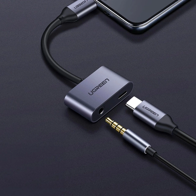Adapter Ugreen CM193 USB-C do mini jack 3.5 mm + USB-C Ładowanie Szary
