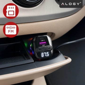 Bluetooth 5.3 FM-Transmitter mit PD 30W QC3.0 Kfz-Ladegerät, USB-C-Spiralkabel, USB-Stick-Unterstützung, 7-farbiger LED-Hintergrundbeleuchtung – Alogy CarTune™ Schwarz