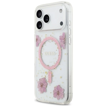 Etui Guess MagSafe do iPhone 17 Pro Max Resin Flowers Glitter Pink