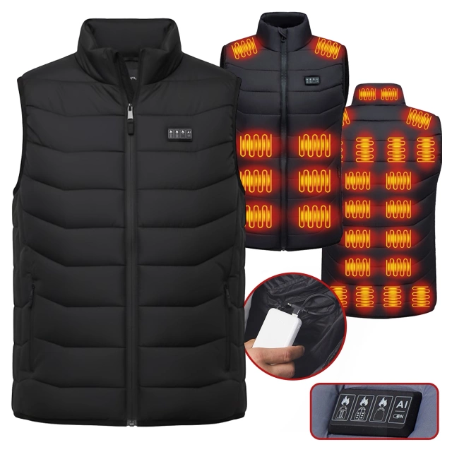 Kamizelka grzewcza z 28 strefami – 4-stopniowa regulacja temperatury, zasilanie USB, idealna na zimę i aktywności outdoor – Alogy ThermoVest™ Czarna (XL)