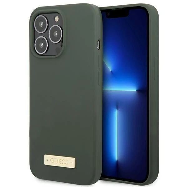 Etui Guess GUHMP13XSPLA für Apple iPhone 13 Pro Max 6,7" zielony/khaki Hartschale Silikon Logo Plate MagSafe