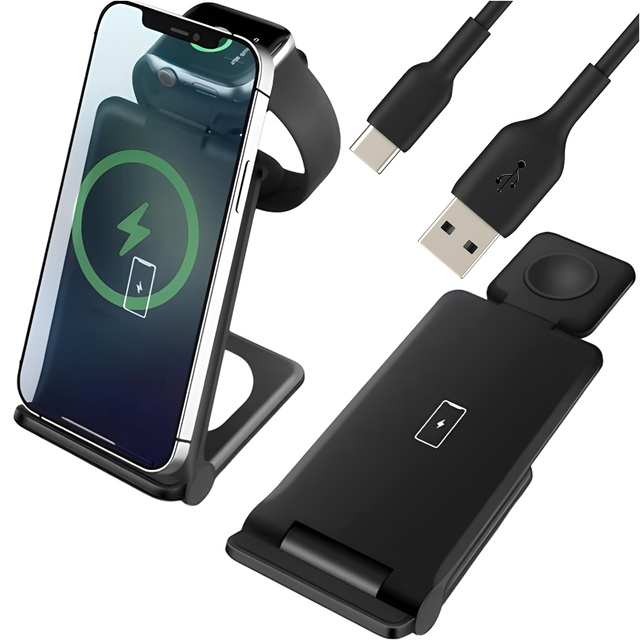 Ładowarka Bezprzewodowa Indukcyjna 3w1 Qi 15W do iPhone, Apple Watch, AirPods stacja ładowania stojak Alogy czarna