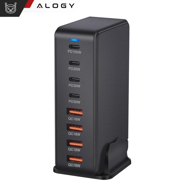 Ładowarka sieciowa 8w1 Ultra Szybka 240W GaN3 4x USB-C 4x USB Alogy Fast Charger Czarna