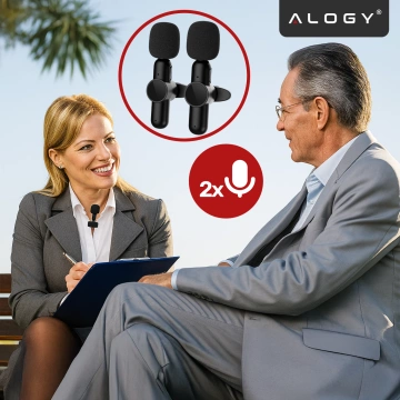 Kabelloses Mikrofon-Set (2 Stück) – Lightning-Anschluss für iPhone, Geräuschunterdrückung, leichtes Design, Reichweite bis zu 20 Meter – 2 Ansteckmikrofone mit Fellbezug, Telefonhörer – Alogy DualVoice™ Schwarz