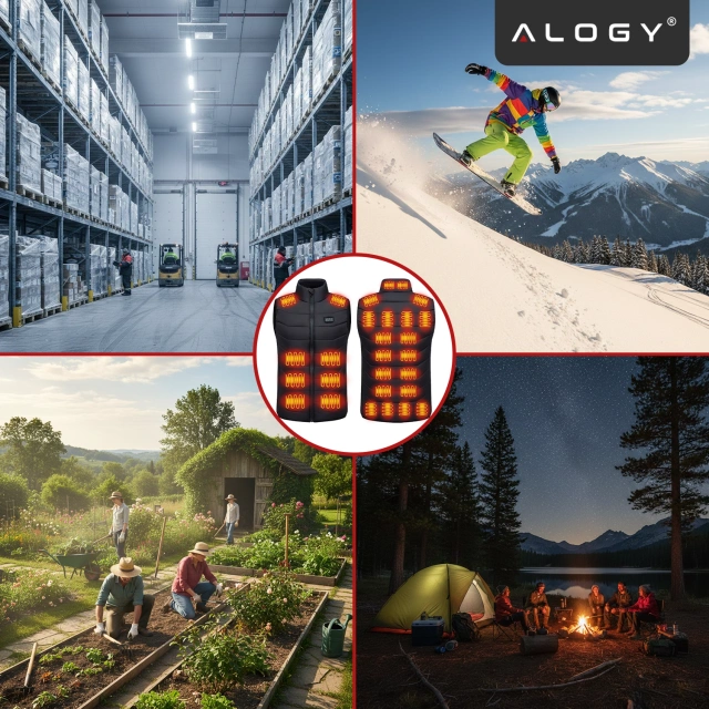 Kamizelka grzewcza z 28 strefami – 4-stopniowa regulacja temperatury, zasilanie USB, idealna na zimę i aktywności outdoor – Alogy ThermoVest™ Czarna (M)