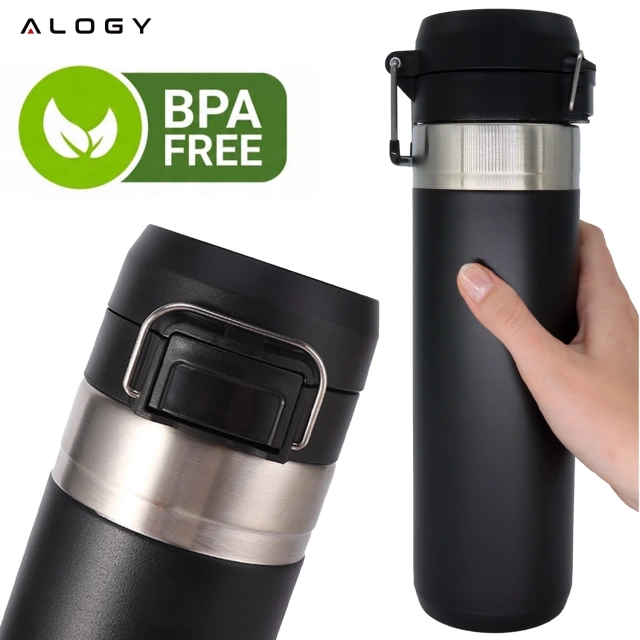 Kubek termiczny Termos Alogy ThermoGo™ 800ml Stalowy Szczelny Pakowny Podróżny do Kawy i Herbaty Sportowy Długo Trzymający Ciepło do Auta i Plecaka Czarny