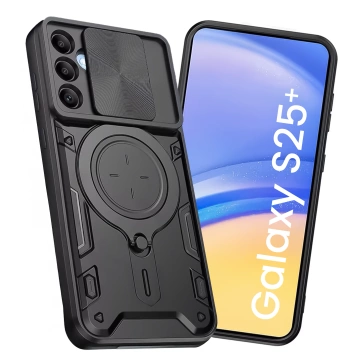 Schutzhülle für Samsung Galaxy S25 Plus, gepanzerte Slide-Hülle mit Ringkameraschutz, Alogy CamGuard Pro, schwarz