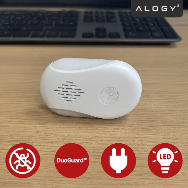 Odstraszacz Szkodników do 250 m² Ultradźwiękowy do Gniazdka, Przeciwko Owadom, Komarom, Muchom, Myszom, Karaluchom, Bez Chemii, Alogy DuoGuard™ – Biały