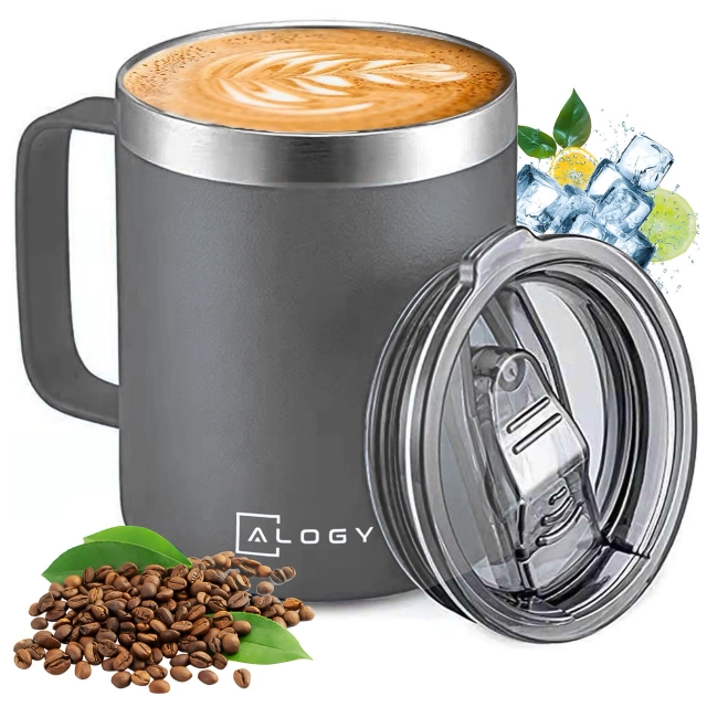 Kubek termiczny 420ml z uchwytem pokrywką na kawę herbatę stalowy zimne i ciepłe napoje Alogy Szary + Szczotka do mycia