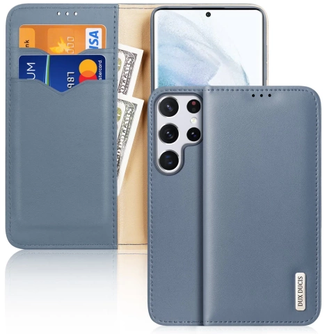 Dux Ducis Hivo skórzane etui z klapką pokrowiec ze skóry naturalnej portfel na karty i dokumenty Samsung Galaxy S22 Ultra niebieski