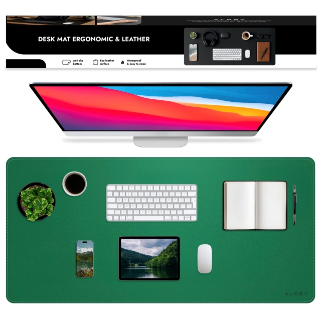 Podkładka na biurko 90×45 cm – antypoślizgowa mata ochronna z eleganckiej ekoskóry PU, pod mysz i klawiaturę, stylowa i trwała – Alogy WorkMat™ Zielona